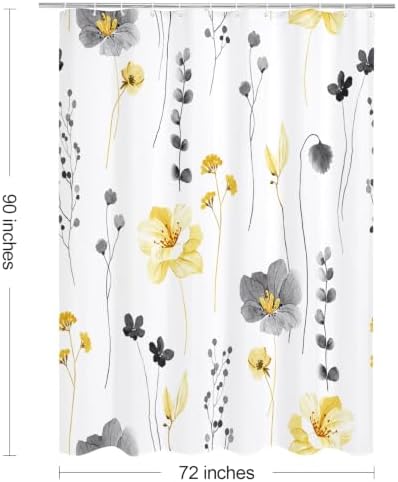 Gibelle Yellow Beige Watercolor Floral Fabric Shower Curtain, 72x90