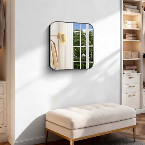 Black Bathroom Mirror, 18 x 18 inch Square Mirrors for Wall, Metal Frame Rounded Corner Vanity Mirror for Over Sinks Modern Bedroom Living Room Horizontal Or Vertical Mounting