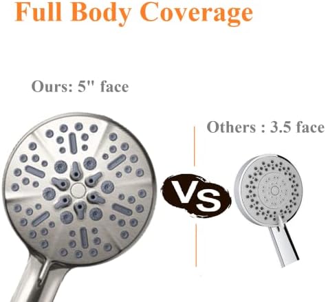 High Pressure Shower Head with Handheld - 5 Spray Settings High Flow Detachable Rain Shower Heads with 60” Extra-long Stainless Steel Hose and Adjustable Bracket with Brass Joint – Brushed Nickel