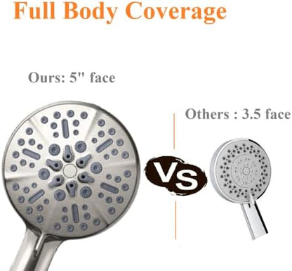 High Pressure Shower Head with Handheld - 5 Spray Settings High Flow Detachable Rain Shower Heads with 60” Extra-long Stainless Steel Hose and Adjustable Bracket with Brass Joint – Brushed Nickel