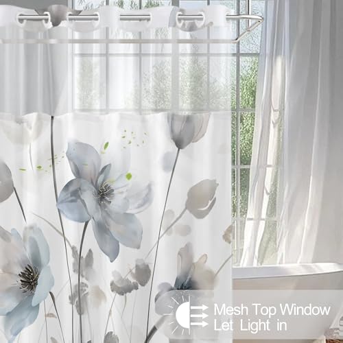 No Hook Shower Curtain and Liner Set, Blue Grey Boho Floral 71x74