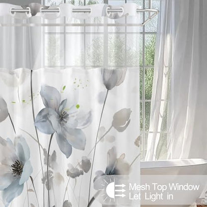 No Hook Shower Curtain and Liner Set, Blue Grey Boho Floral 71x74