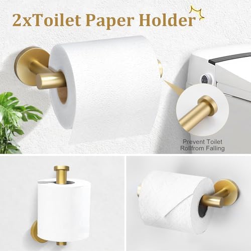 TURS Brushed Gold 8 Piece Bathroom Hardware Set, SUS304 Stainless Steel 24 Inch and 20 Inch Bath Towel Bar Set, Round Bathroom Accessories Kit Wall Mounted