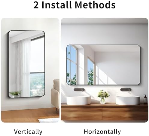 BONEWEI 30x55 inch Bathroom Mirror,Black Rectangle Mirror,Wall Mounted Bathroom Frame Vanity Mirror with Round Corner for Bedroom Living Room, Entryway Hangs Horizontal or Vertical