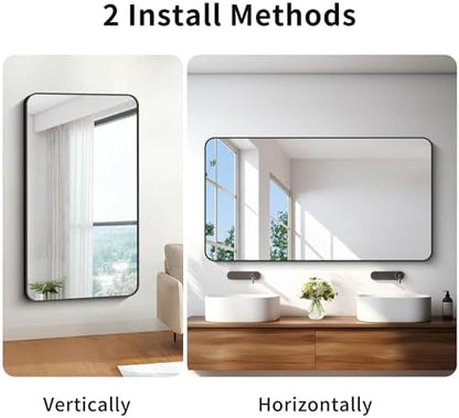 BONEWEI 30x55 inch Bathroom Mirror,Black Rectangle Mirror,Wall Mounted Bathroom Frame Vanity Mirror with Round Corner for Bedroom Living Room, Entryway Hangs Horizontal or Vertical
