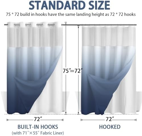 No Hook Shower Curtain with Liner Set Hotel Waffle Ombre Blue 72W X 75L