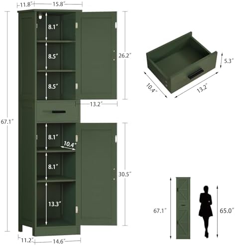 TEENFON Tall Bathroom Cabinet, Storage Cabinet with 6 Shelves & Drawer