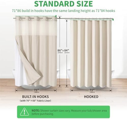 eachope Extra Long No Hooks Needed Linen Textured Shower Curtain with Snap-in Fabric Liner Set,Cream Hotel Luxury Decor Shower Curtains for Bathroom,Waterproof & Washable,71Wx86H