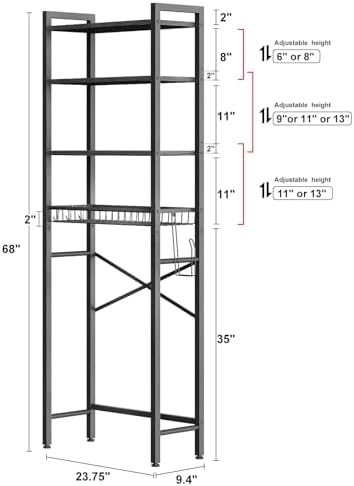 Kalrin Over-The-Toilet Storage Rack, 4-Tier Bathroom Organizer Shelf Over Toilet with Adjustable Shelf and Basket, Freestanding Space Saver Bathroom Shelves Above Toilet for Room (Pure Black)