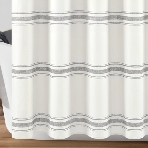 Lush Decor Farmhouse Stripe Cotton Shower Curtain, 72" W x 72" L, Gray - Striped Bathroom Curtain - Fabric Shower Curtains - Farmhouse Bathroom Decor