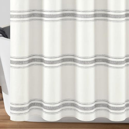 Lush Decor Farmhouse Stripe Cotton Shower Curtain, 72" W x 72" L, Gray - Striped Bathroom Curtain - Fabric Shower Curtains - Farmhouse Bathroom Decor