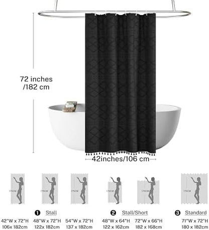Stall Boho Black Woven Fabric Shower Curtain with Tassels 42 x 72 Modern Farmhouse Minimalist Tufted Chevron Striped Shabby Chic Textured, Water Resistant Curtain for Bathroom, Hotel Decor