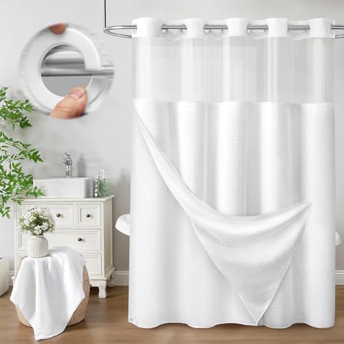 No Hook Shower Curtain with Liner Hotel Waffle EVA Window White 72W X 75L