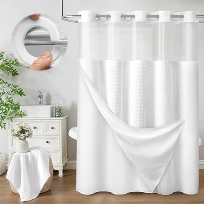 No Hook Shower Curtain with Liner Hotel Waffle EVA Window White 72W X 75L