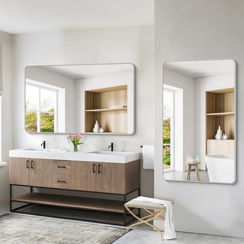 55x36 Inch Silver Bathroom Mirror, Large Rectangular Vanity Mirror, Metal Framed Rectangle Mirror, Rounded Corner Wall Mounted Mirrors for Living Room Bedroom Entryway Horizontal or Vertical
