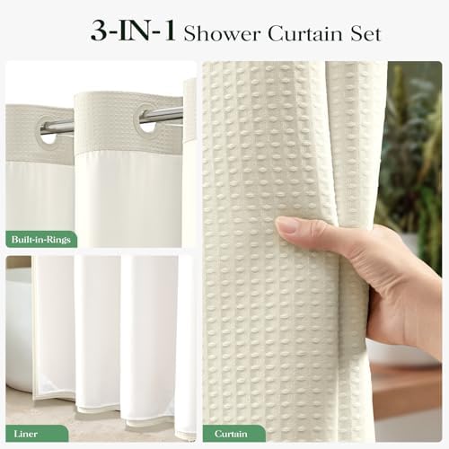 Dynamene Cream Hook Free Waffle Shower Curtain & Snap-in Fabric Liner,60x75