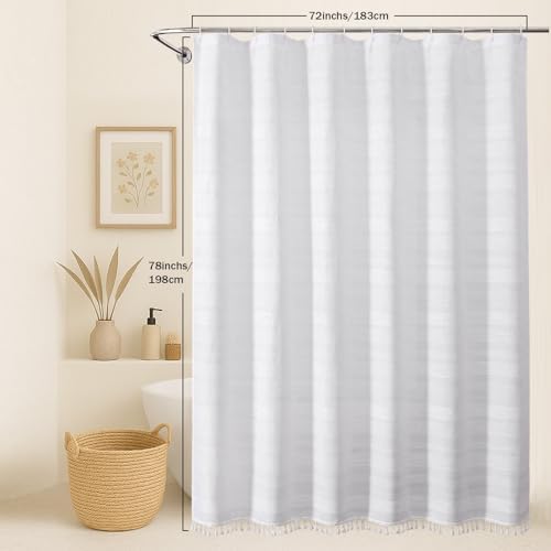OVZME White Shower Curtain 78 Inch Long, Boho Farmhouse Thick Striped Fabric Hotel Shower Curtain with Tassel, Minimalist Textured Weighted Machine Washable Bathroom Decor, 72Wx78L Inches