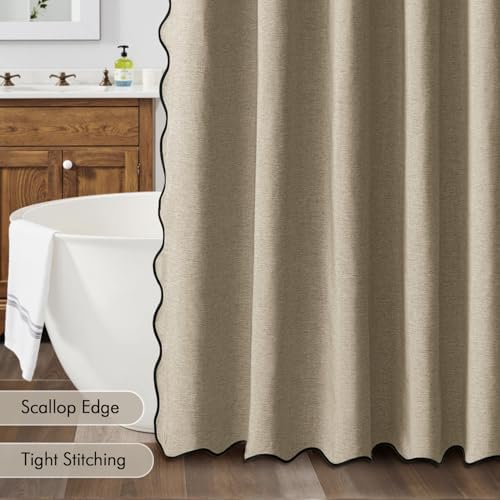 MIULEE Khaki Scalloped Linen Shower Curtain 72x72 Inches