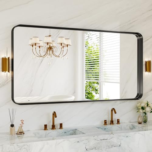 60X30 Inch Black Metal Large Matte Vanity Framed Bathroom Mirror for Wall