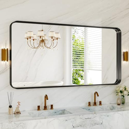 60X30 Inch Black Metal Large Matte Vanity Framed Bathroom Mirror for Wall