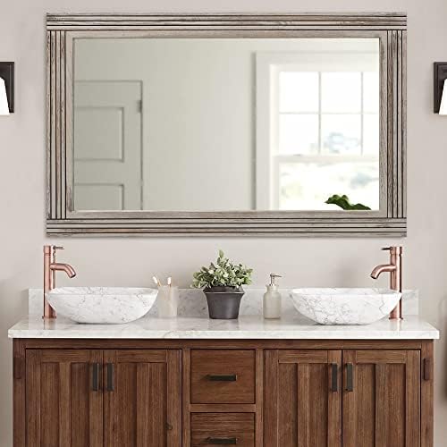 YOSHOOT Hand-Made Wooden Spliced Wall Mirror for Bathroom, Rustic Farmhouse Vanity Mirror, Décor Wall Art, Solid Wood Frame, Vertical or Horizontal Hanging, 72" x 36", Grey