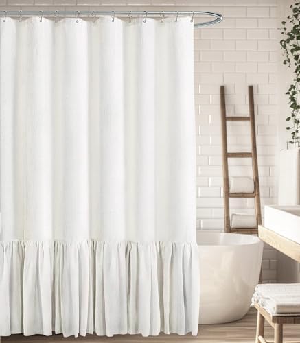 Farmhouse Shower Curtain Ruffle Linen White 72" W x 96" L