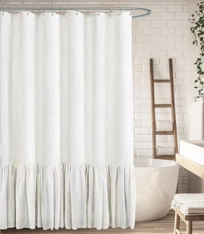 Farmhouse Shower Curtain Ruffle Linen White 72" W x 96" L