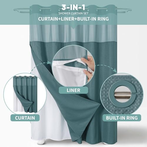 No Hook Waffle Shower Curtain with Snap-in Liner, 71x74 Inch, Seaweed Green