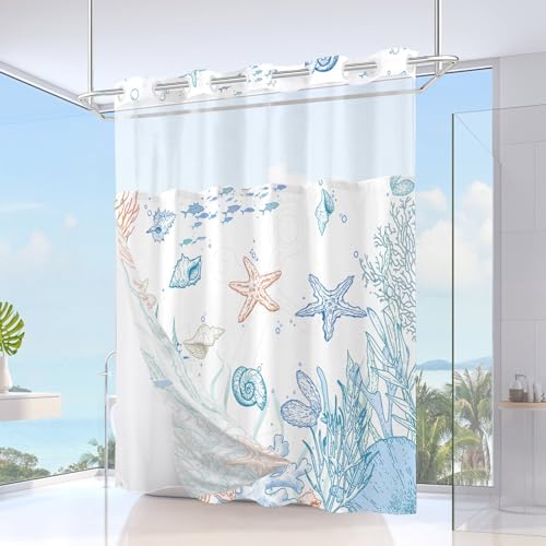 No Hook Shower Curtain and Liner Set, Orange Beach Coastal 71x74