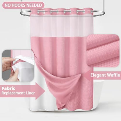 No Hook Shower Curtain with Liner Set Hotel Waffle Blush Pink 72W X 75L
