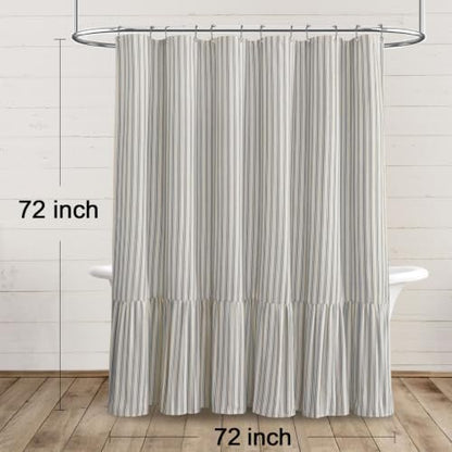 Farmhouse Shower Curtain Ruffle Linen Cream-Grey Stripe 72"W x 72"L