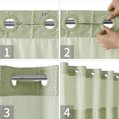eachope No Hook Stall Shower Curtain with Snap-in Fabric Liner - 54x80 Heavy-Duty Linen Textured Striped Design,Narrow Rustic Modern Farmhouse Bohemian Bathroom Curtain,Water-Repellent,Sage Green