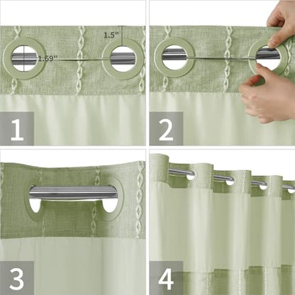 eachope No Hook Stall Shower Curtain with Snap-in Fabric Liner - 54x80 Heavy-Duty Linen Textured Striped Design,Narrow Rustic Modern Farmhouse Bohemian Bathroom Curtain,Water-Repellent,Sage Green