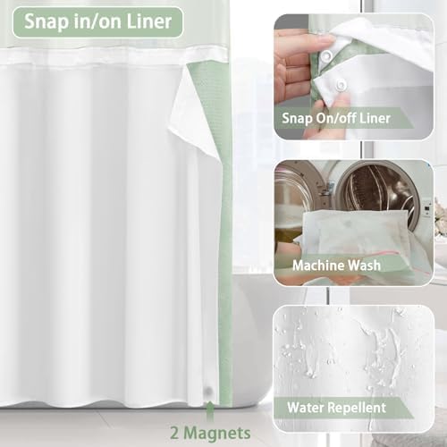 No Hook Shower Curtain with Liner Set Hotel Waffle Mint Green 72W X 75L