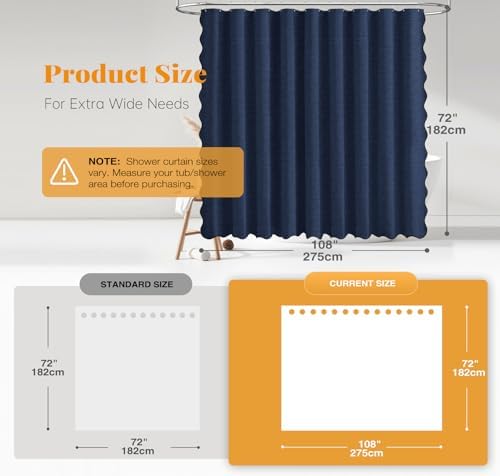 BTTN 108x72 Boho Scalloped Linen Textured Cloth Shower Curtain, Navy Blue