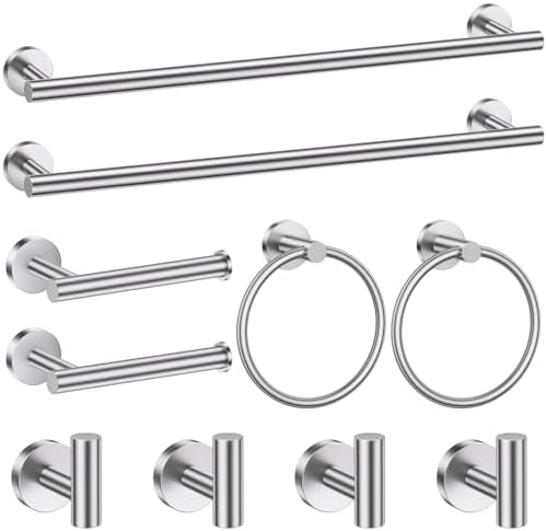 10 Pieces Brushed Nickel Bathroom Hardware Accessories Set SUS304 Stainless Steel Towel Bar Holder Set, 23.6Inch Towel Racks for Bathroom, Robe Towel Hooks, Toilet Paper Holder Wall Mounted