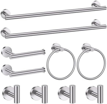 10 Pieces Brushed Nickel Bathroom Hardware Accessories Set SUS304 Stainless Steel Towel Bar Holder Set, 23.6Inch Towel Racks for Bathroom, Robe Towel Hooks, Toilet Paper Holder Wall Mounted