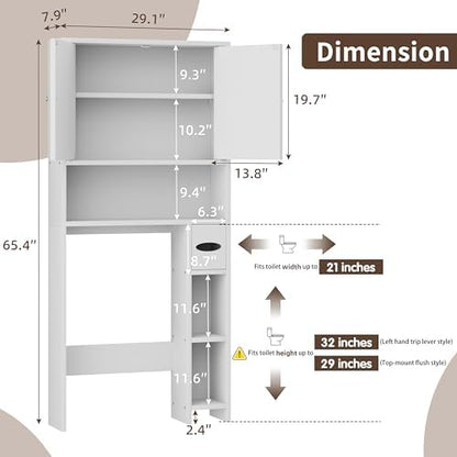 Shintenchi Over the Toilet Storage Cabinet, Bathroom Storage Cabient with Barn Doors, Bathroom Storage Shelf Organizer with Toilet Paper Holder, Adjustable Shelf and Anti-Tip Device, White