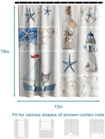 Blue Beach Shower Curtain Ocean Modern Nautical Theme Fabric Seashell Aesthetic Bathroom Decor Sets with Grommets and Hooks 72 W x 78 H Inches White