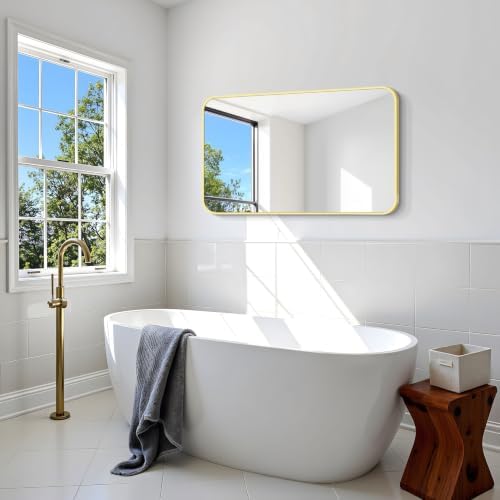 BONEWEI Gold Bathroom Mirror,24x40 inch Wall Mirror for Bathroom Wall Mounted,Round Rectangle Mirror for Bathroom Over Sink,Modern Frame for Home Decor Living Room,Bedroom Entryway,Horizontal/Vertical
