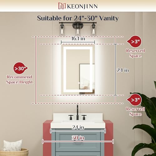 Keonjinn 16x24 Inch LED Bathroom Mirror with Lights, HD Tempered Grass