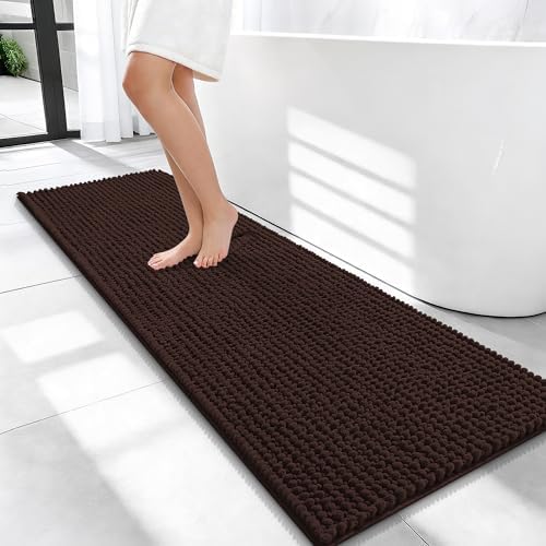 OLANLY Thick Chenille Bathroom Runner Rugs 47x17, Absorbent Bath Mat, Brown