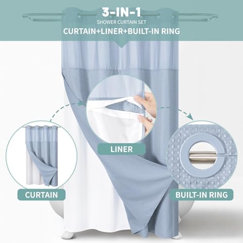 No Hook Waffle Shower Curtain with Snap-in Liner, 54x80 Inch, Frost Blue