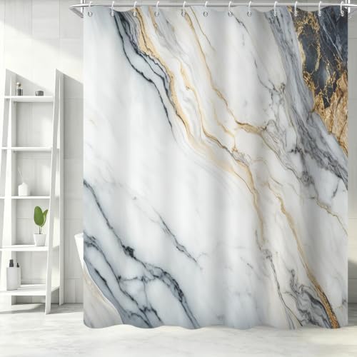 White Marble Shower Curtain Modern Abstract Luxury Gold Ink Texture Gray Ombre Watercolor Bathroom Curtain Set with Hooks Soft and Lightweight Waterproof Fabric Machine Washable 48" Wx72 L