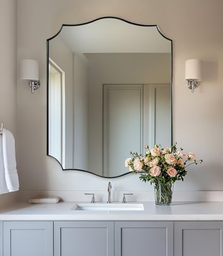 ANDY STAR 28x36 Inch Brushed Nickel Mirror, Scalloped Bathroom Mirror for Wall, Silver Vanity Mirror with Rust-Proof Stainless Steel Frame, Sophisticated Curved Design Ideal for Home Remodel