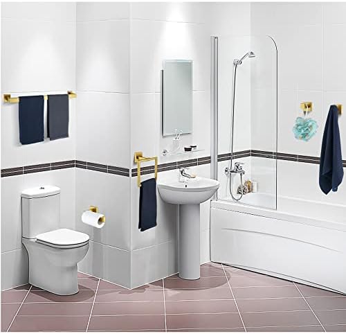 5 Pieces Bathroom Hardware Accessories Set Brushed Gold, 24Inch Bathroom Towel Rack Set SUS304 Stainless Steel, Square Bath Towel bar Set Wall Mounted, Heavy Duty