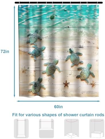 Cute Kids Beach Shower Curtain, Ocean Coastal Nautical Sea Turtle Shower Curtains for Bathroom, Waterproof Bath Curtain with Hooks Machine Washable Bathtub Curtains 60x72 Inch Blue Green