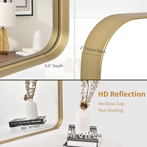 VooBang Bathroom Mirror 24x36 inch, Gold Gorgeous Deep Frame Wall Mirror, Modern Round Corner Bathroom Vanity Mirror for Bedroom, Living Room, Hanging or Leaning Horizontal or Vertical, Gold