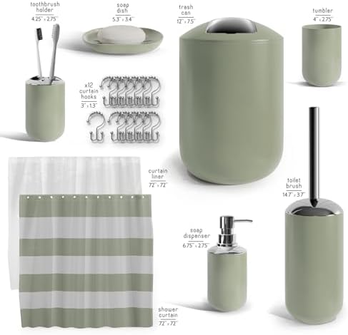 Clara Clark Bathroom Set - Sage Green Bathroom Accessories Set, 20PC Bathroom Accessory Set, Shower Curtain Set with Liner, Toothbrush Holder, Soap Dispenser, Soap Dish, and Toilet Brush Holder