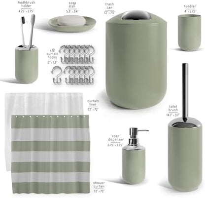 Clara Clark Bathroom Set - Sage Green Bathroom Accessories Set, 20PC Bathroom Accessory Set, Shower Curtain Set with Liner, Toothbrush Holder, Soap Dispenser, Soap Dish, and Toilet Brush Holder